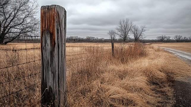 An old wooden fence post with wire mesh fencing stands amidst long dried grass in a field alongside a country road, with leafless winter trees in the background.
