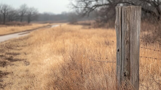 An old wooden fence post with wire mesh fencing stands amidst long dried grass in a field alongside a country road, with leafless winter trees in the background. - Powered by Adobe