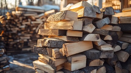 A pile of firewood stacked and prepared for winter. Background of neatly arranged firewood.