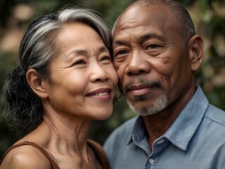 Naklejka premium Portrait of a couple of black man from Africa and white woman from Asia, individuals of different races