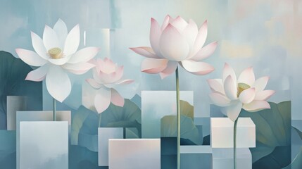 Abstract painting of lotus flowers with geometric