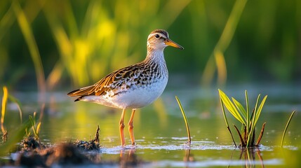 Male ruff bird at a wetland during the mating season in spring