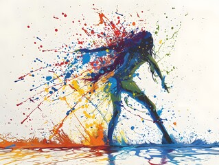 Abstract Paint Splash Art with Silhouette of a Person Dancing.