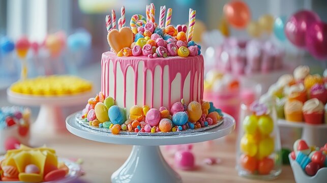 Sweet table featuring candy-decorated cakes and desserts