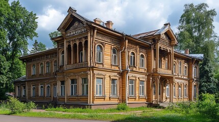 Obraz premium TOMSK, RUSSIAN FEDERATION: An old wooden house located at Kirov Avenue 7 in Tomsk city.