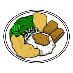 Nasi Pecel, traditional Javanese rice with vegetable vegetables and peanut sauce, served with side dishes