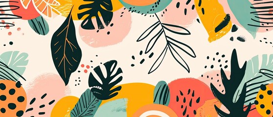 Fototapeta premium Vibrant abstract pattern featuring colorful leaves and geometric shapes, perfect for modern designs and backgrounds.
