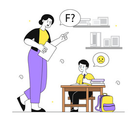 Mom scolds son for grades. Woman scolds boy for poor teaching. Child with low high performance. Mother screams at kid. Problems with education and learning. Linear vector illustration