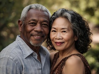 Portrait of a couple of black man from Africa and white woman from Asia, individuals of different races