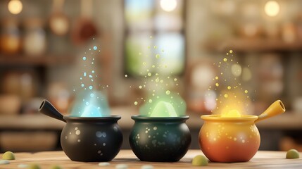 Fototapeta premium Magical Concoctions Brewing: A trio of cauldrons simmer with enchanting, colorful potions, sparkling and steaming in a rustic alchemist's workshop. 