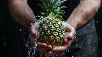 Tropical Pineapple Hydration with Water Splash. A pineapple fruit dropping into the water and splashing on black background. Close up of hands holding an Azorean pineapple