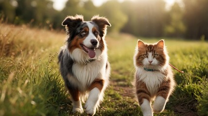 Obraz premium group of dogs playing in the park | Happy australian shepherd dog walking with a cute cat on a green field with natural sunlight