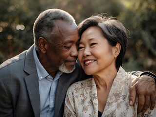 Fototapeta premium Portrait of a couple of black man from Africa and white woman from Asia, individuals of different races