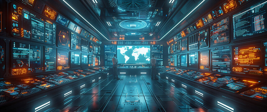 A futuristic newsroom equipped with advanced AI technology, where journalists are assisted by powerful data analytics and real-time information displays.