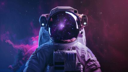 Fototapeta premium Front view astronaut potrait. Astronaut in space suit with galaxy and nebula reflection in helmet glass