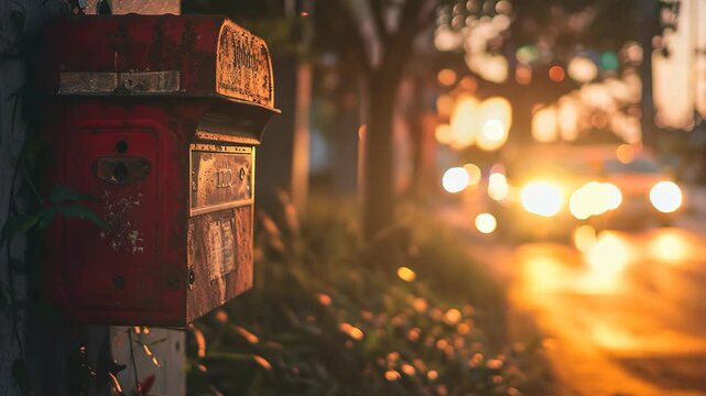 vintage mailbox at small village streetside  with cars light passing by