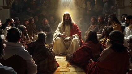 Pushing towards Jesus speaking to his disciples with a ray of sunlight beaming down on him. For faith meme.
