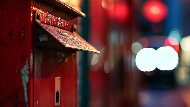 vintage mailbox at small village streetside  with cars light passing by