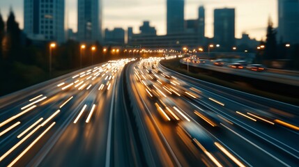 Urban Flow: Highway at Twilight - Cars stream through a city at dusk, lights blurring into a vibrant tapestry of urban motion. 