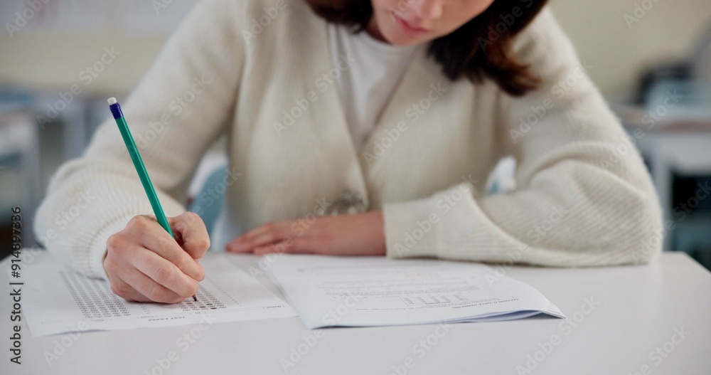 Poster Education, exam and person at desk with test, paper and multiple choice assessment at school. Student, lesson or writing on document for answer, quiz or questionnaire in class for learning evaluation