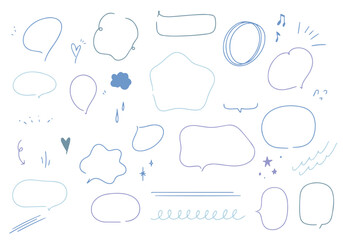 ブルーの手描きの線画のふきだしセット