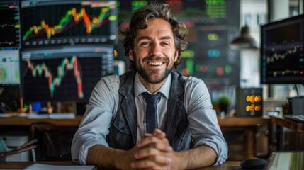 business man congratulations stock trader sitting at a desk in front of computer monitors