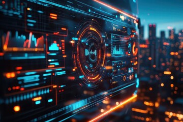 Obraz premium AI finance advisor, augmented reality interface, futuristic urban background, glowing data