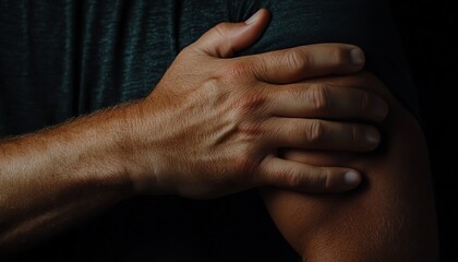 Close-up of hands pressing into a sore shoulder, ache, persistent discomfort