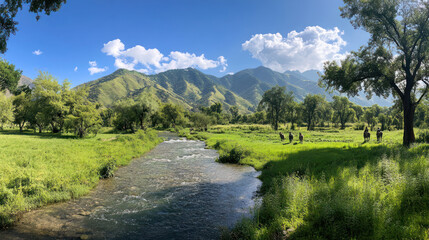 Obraz premium The green grassland of the distant Almaty Mountain