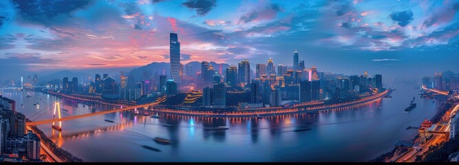 Fototapeta premium Modern City Skyline Illuminated at Dusk