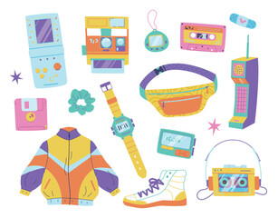 Retro elements and devices from the 1980s 1990s. Vector illustration mobile phone, instant camera, cassette player, diskette, wristwatch, pager, tamagotchi, audio cassette, windbreaker, sneaker