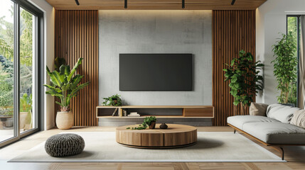 Modern living room interior with tv on wood cabinet