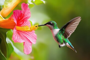 Obraz premium Graceful Hummingbird Feasting on Brightly Colored Blossom