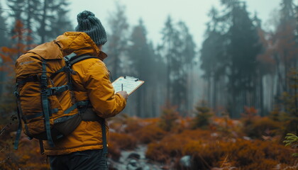 Naklejka premium Hiker checking map in foggy forest