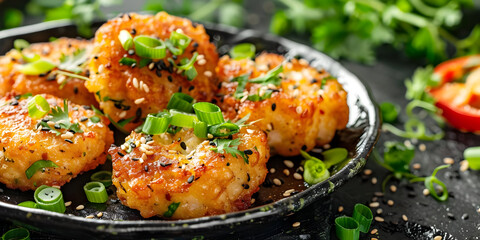 Fototapeta premium Crispy Fried Sesame Seed and Green Onion Topped Patties - Food Photography