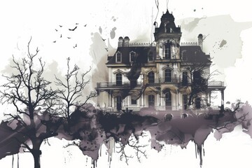 Obraz premium Eerie silhouette haunting a minimalist mansion at twilight