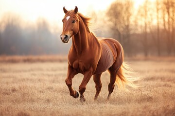 Obraz premium Majestic horse galloping through an open field at dawn