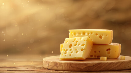 Slices of cheese with holes on wooden board on table. Generative AI