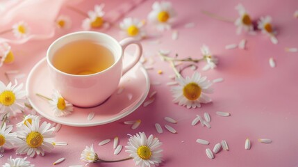 Pink cup of chamomile tea and bouquet on pink backdrop. Daisies in a cup. Chamomile tea. Photo