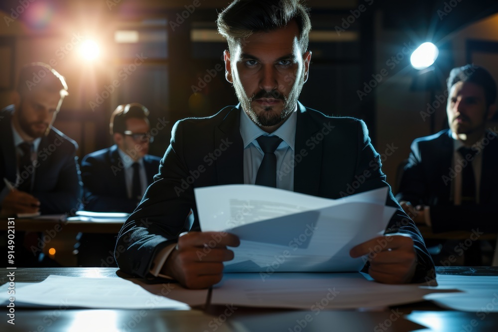 Wall mural a serious businessman, clad in a business suit, sits alone at his office desk, deeply engrossed in p