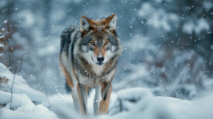 Fototapeta premium A fierce wolf moves silently through the snowy terrain, its gaze unwavering and determined. The icy landscape accentuates the wolf’s predatory instincts and the harsh beauty of its environment.