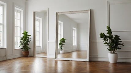 Fototapeta premium modern bathroom interior with floor | The photo shows a large mirror in a white frame standing in a room with white walls