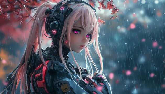 Illustration of a girl robot with a very cool design, anime robot with unique clothes, girl wearing robot clothes, robot with the main color white, cute robot
