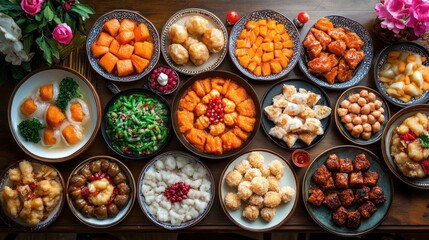 Fototapeta premium Chinese New Year Feast: A Table Full of Delicious Delights