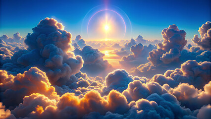 The sun rises above a blanket of fluffy clouds, casting warm golden hues and illuminating the sky in a breathtaking display of natural beauty