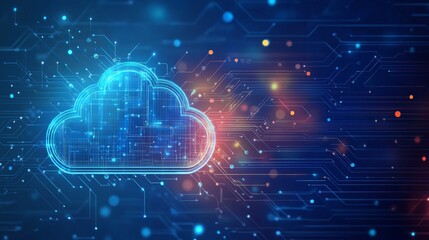 An abstract cloud technology circuit board represents a large data center concept and the innovation of modern cloud storage technology