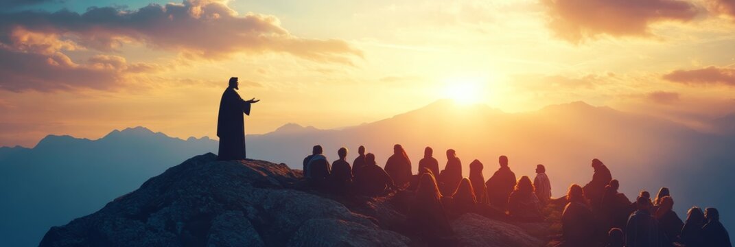 Silhouette of jesus delivering sermon on mountain top in biblical ministry and gospel teaching