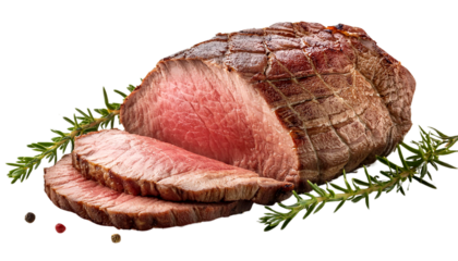 A beautifully roasted beef with succulent slices and aromatic herbs, perfect for culinary presentations and gourmet recipes.