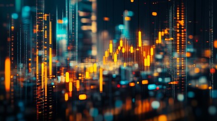 An abstract glowing big data forex candlestick chart overlays a blurry city backdrop symbolizing trade technology investment and analysis through double exposure