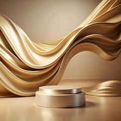 Luxurious golden fabric or cloth placed on a pedestal or blank podium shelf against